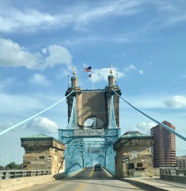 Approaching the Roebling Suspension Bridge from Northern Kentucky