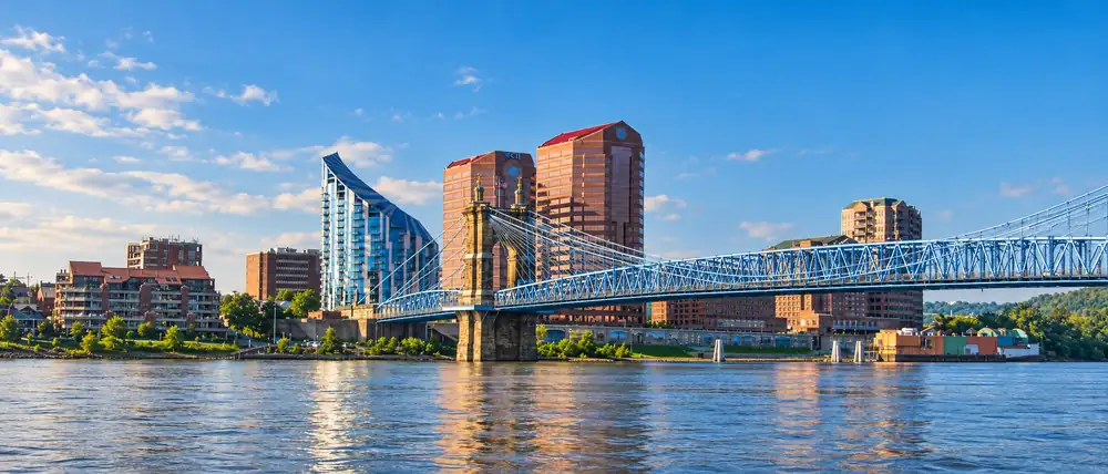 Roebling Suspension Bridge, Covington riverfront and the Ohio River in Northern Kentucky